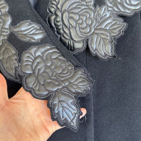 Vintage Newport News Black Wool Blend Faux Leather Floral Applique Collar Coat - Picture 4 of 14